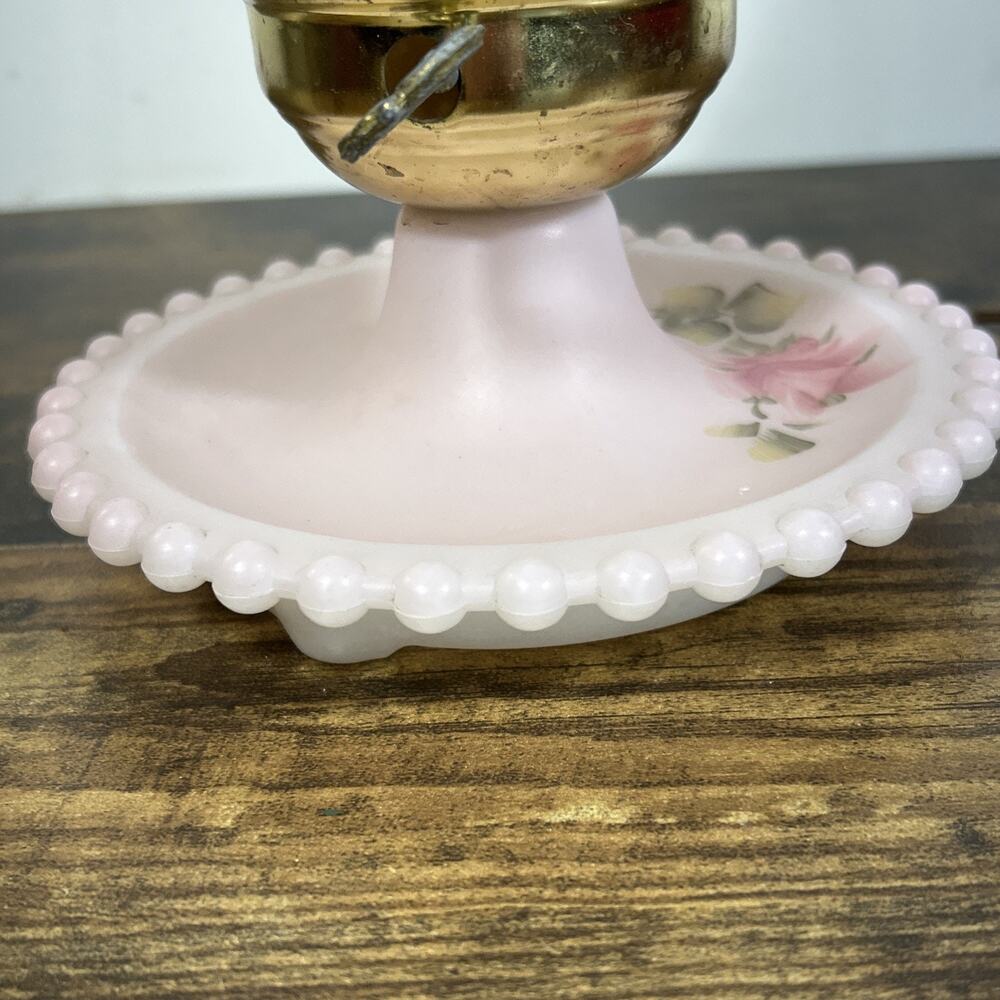 VTG Pink Hurricane Lamp Hand Paint Roses Milk Glass Works 11” Scalloped Hobnail - Picture 6 of 11